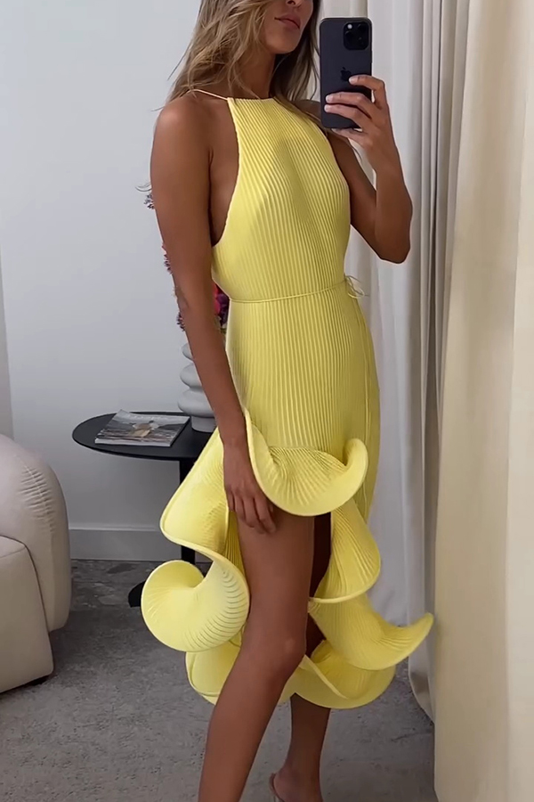 Butter Summer Pleated  Sleeveless Waist Tie Irregular Ruffle Dimensional Hem Midi Dress-consonak