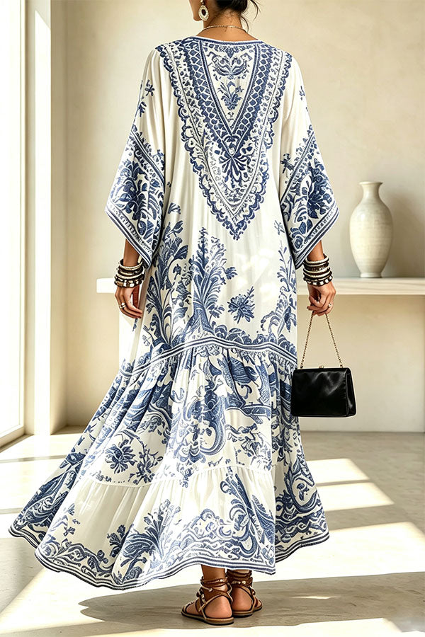 Blue and White Porcelain Print V-Neck Wide Sleeve Cover-up Maxi Dress-Consonak