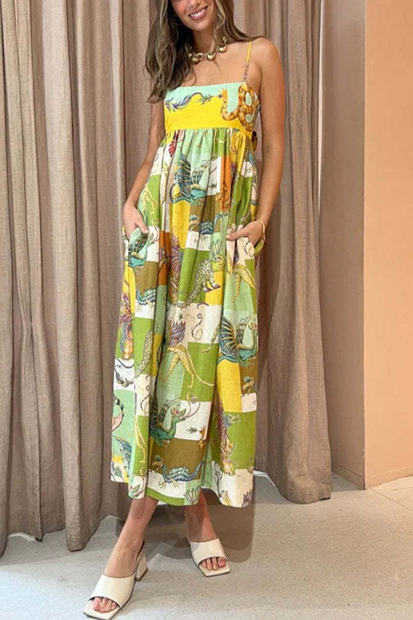 Dragon Family Printed Linen Blend Pocketed Back Knotted Midi Dress-consonak