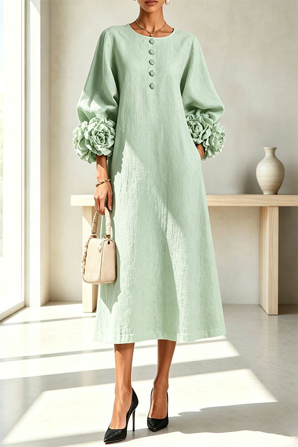 Rima Linen Blend Flowers Button Down Floral Cuffs Half Sleeve Pocket Midi Dress-Consonak