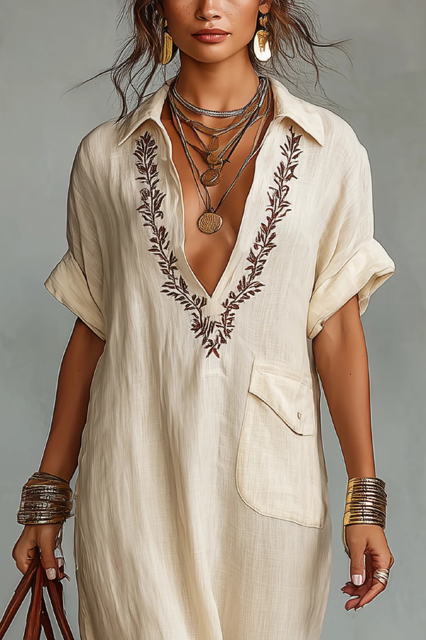 Linen Blend Embroidered V-neck Pocket Casual Loose Maxi Dress