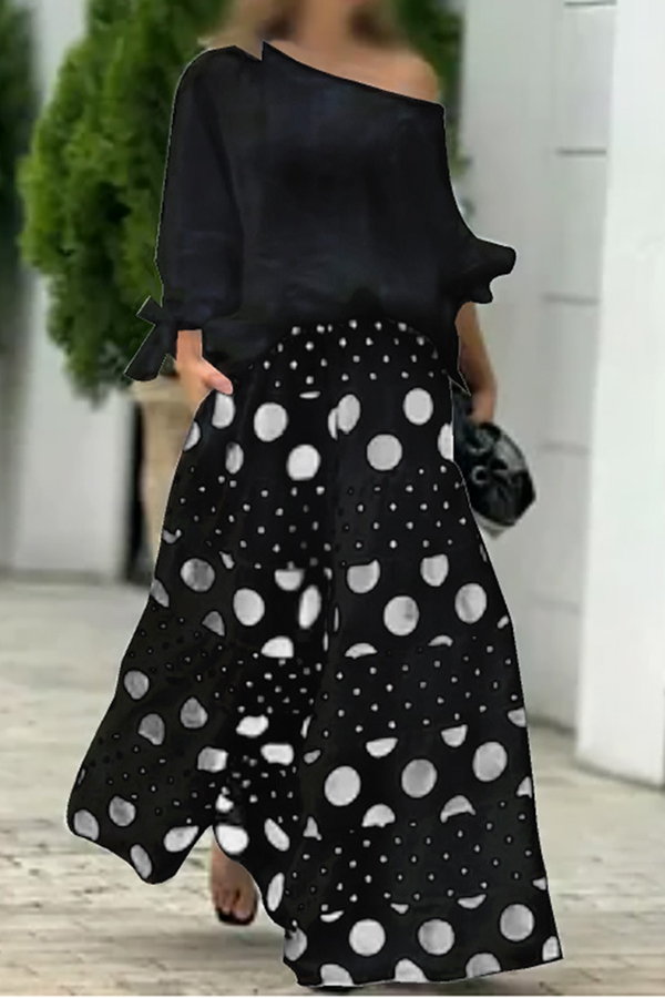 Stylish Tie-cuff Loose Top and Polka Dot Print Pocket Wide Leg Pants Set | Consonak