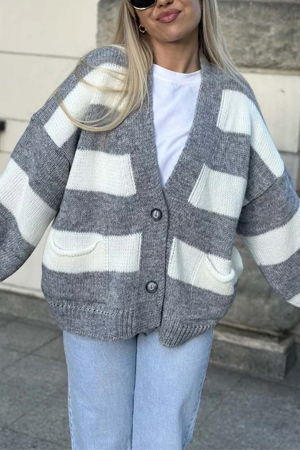 Casual V-neck Long-sleeved Striped Pocket Knitted Cardigan-consonak