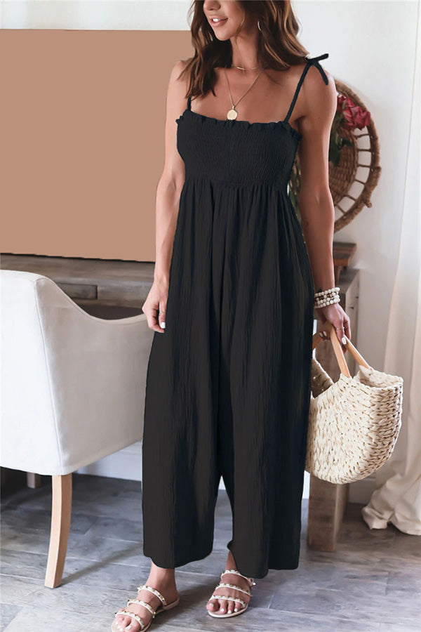 Elegant Solid Color High Waist Linen Blend Suspender Pleated Jumpsuit-consonak