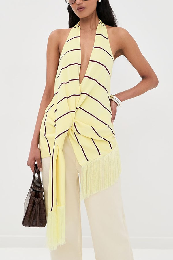 Laine Striped Print V-neck Fringed Hem Twist Drape Halter Tank-consonak