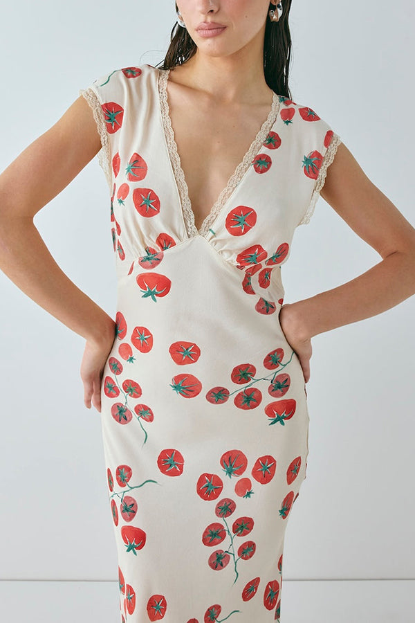 Vintage Inspired Tomato Print Lace Trim Open Back Tie-up Maxi Dress