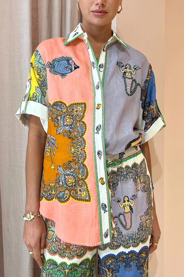 Pretty and Posh Linen Blend Mermaid Print  Button Down Oversized Blouse-consonak