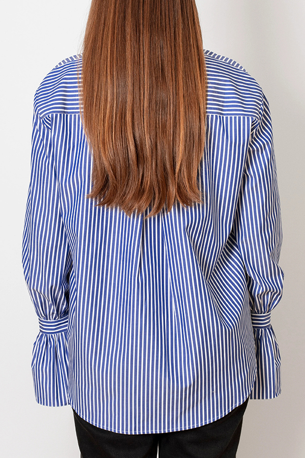 Striped Print Ruffled Long Sleeve Pockets Loose Shirt-consonak
