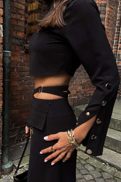 Leia High Neck Button Bell Sleeve Top and Cutout Waist Metal Pocketed Flare Pants Set-consonak