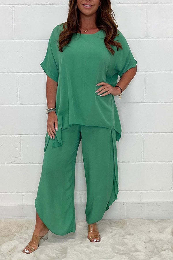Greyson Flowy Loose Blouse and Elastic Waist Slit Pants Set-consonak