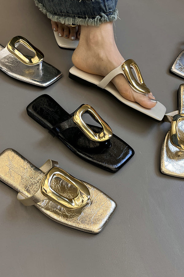 Versatile Square Toe Thong Casual Flat Metal Buckle Sandals-consonak