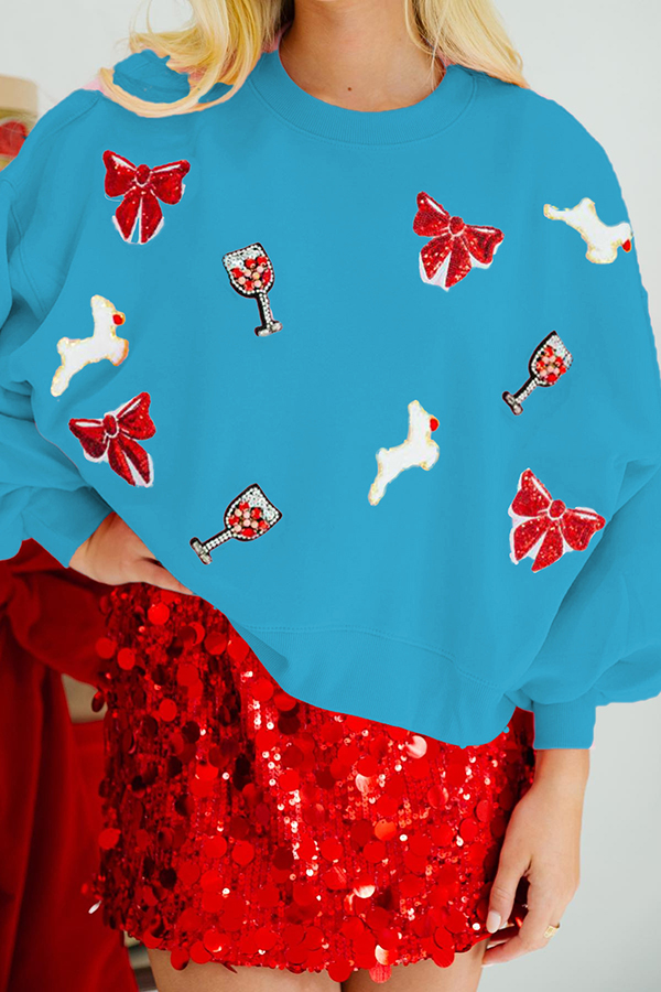 Christmas Bow Wine Glass Sequin Loose Long Sleeve Sweatshirt-consonak
