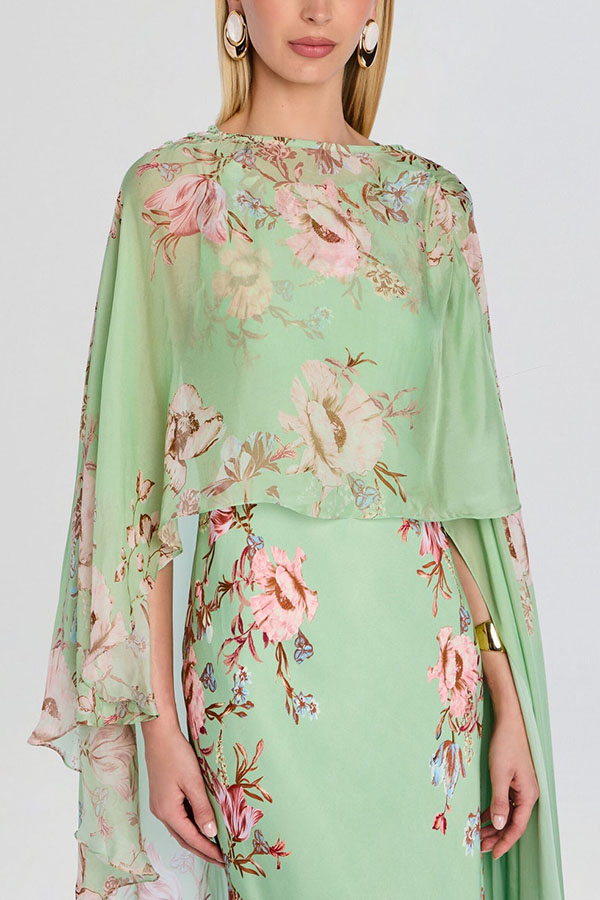 Love in Bloom Floral Print Asymmetrical Chiffon Cape Maxi Dress