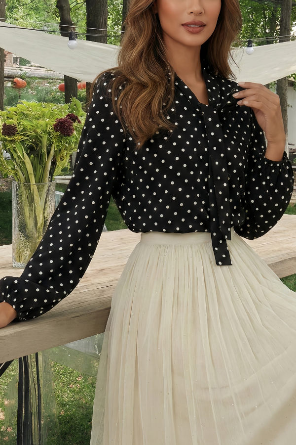 Polka Dot Print Tie-up Long-sleeved Loose Casual Shirt-consonak