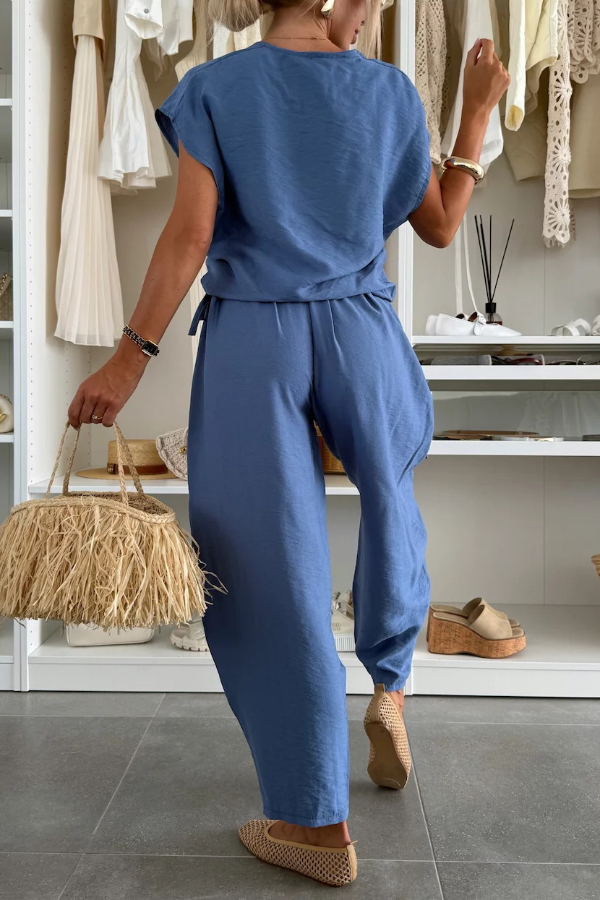 Linen Blend Solid Color V-neck Short-sleeved Top and Elastic Waist Pocket Bloomers Pants Set