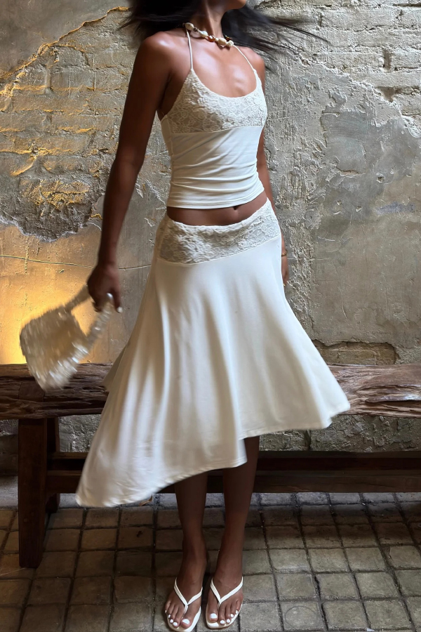 Solid Color Patchwork Lace Halter Neck Fitted Top and Elegant Knee-length Skirt Set | Consonak