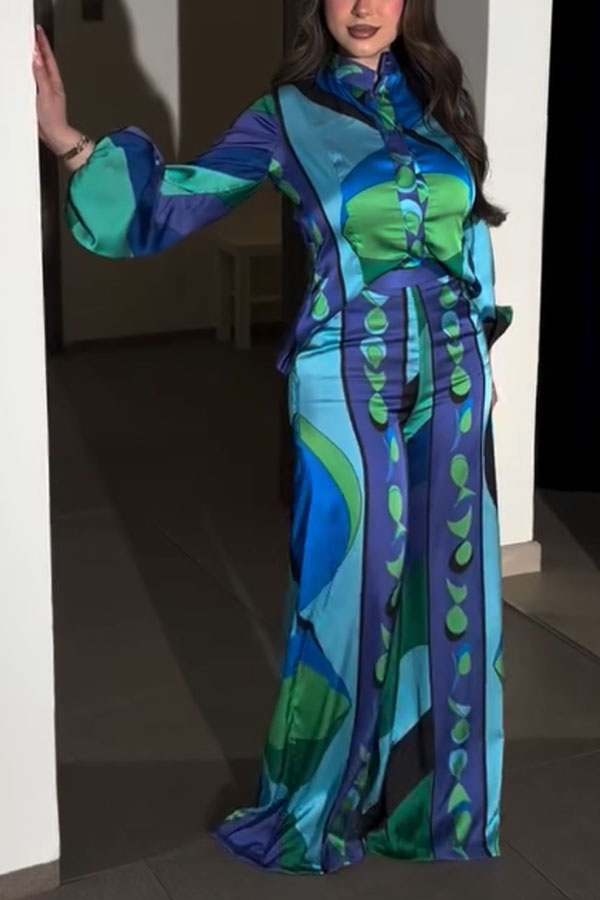 Ellie Satin Unique Print Balloon Sleeve High Low Shirt and Elastic Waist Pocket Loose Pants Set-Consonak