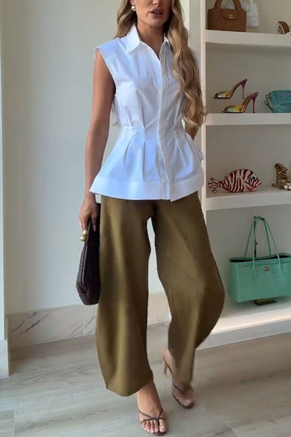 Devon Lapel Button Up Sleeveless Pleated Waist Flare Hem Shirt | Consonak