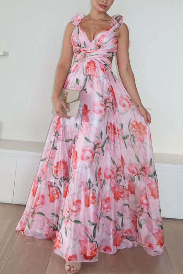 Whimsy Grace Tulle Floral Ruffle Detail Back Lace-up Pleated Maxi Dress-consonak