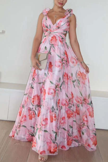 Whimsy Grace Tulle Floral Ruffle Detail Back Lace-up Pleated Maxi Dress-consonak