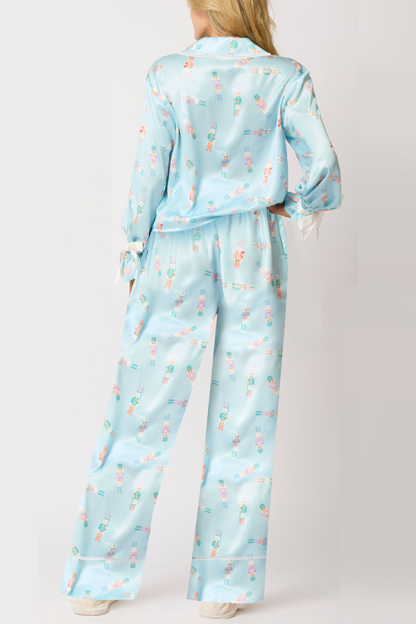 Christmas Printed Velvet Lace-up Long-sleeve Pocket Top and Elastic Waist Wide-leg Pants Set-consonak