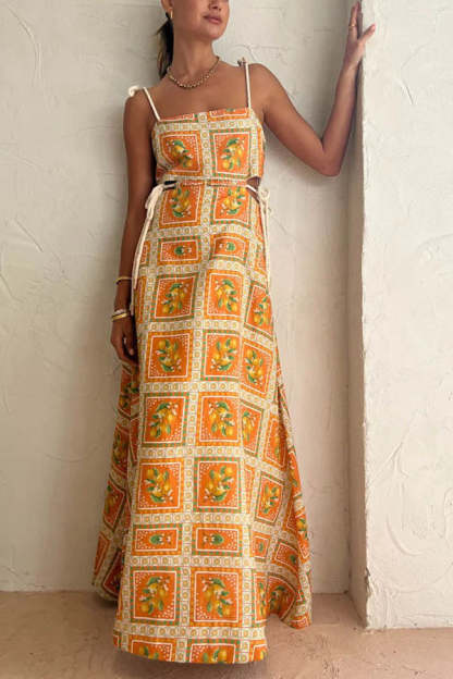 Orange Summer Printed Linen Blend Cutout Tie-up Design Maxi Dress-consonak