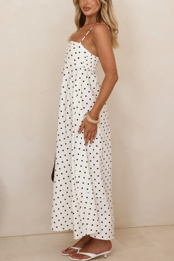 Polka Dot Print Square Neck Suspender Casual Pocket Maxi Dress