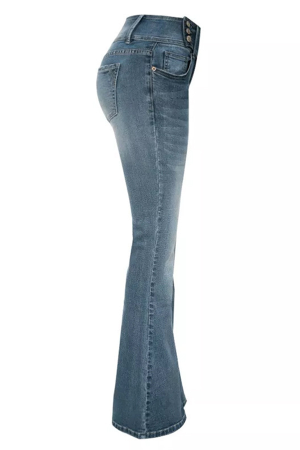 Vintage Side Button Pocket Mid-rise Flared Jeans-consonak
