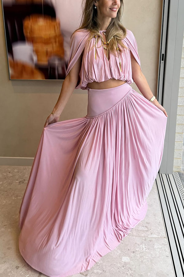 Venus Cutout Neck Slit Sleeve Crop Ruched Top and High Rise Pleated Maxi Skirt Set-consonak