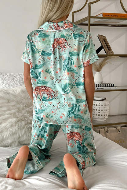 Sleeping Tiger Satin Elastic Waist Pocketed Pajama Pants Set-consonak