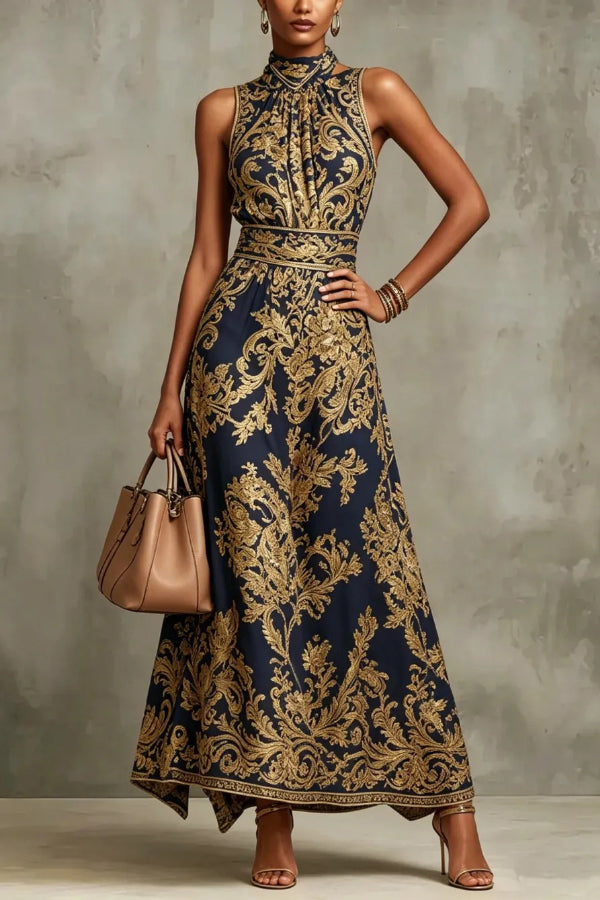 Vintage Gold Embroidered Long Dress-Consonak