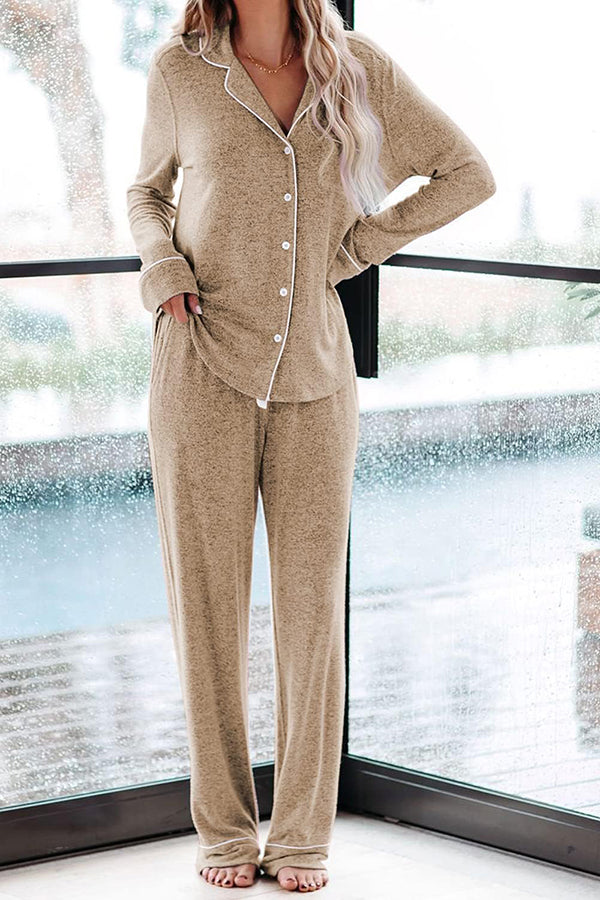 Home-style Loose-fitting Long-sleeved Pocket Shirt and Elastic Waist Casual Pants Set-consonak