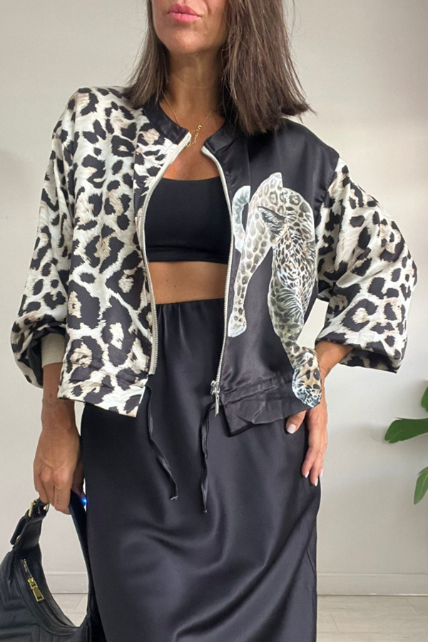 Shiloh Leopard Unique Print Zipper Drawstring Hem Bomber Jacket-consonak