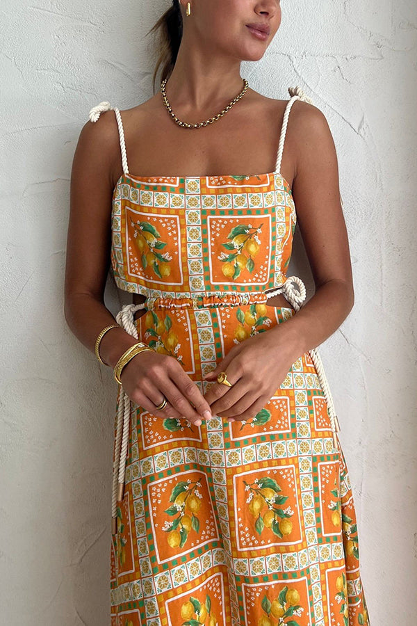 Orange Summer Printed Linen Blend Cutout Tie-up Design Maxi Dress-consonak