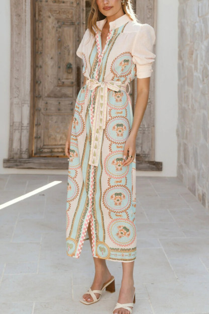 Unique Printed Puff Sleeve Button Lace Up Vacation Maxi Dress-consonak