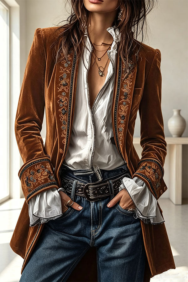 Aurelia Embroidered Velvet Tailored Blazer-Consonak