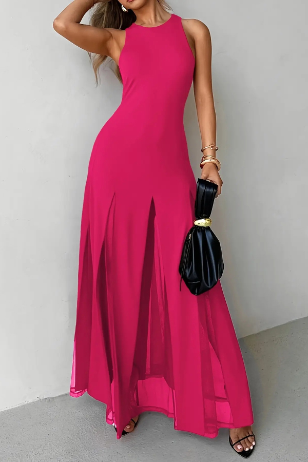 Solid Color Round Neck Sleeveless Slim Fit Sheer Patchwork Hem Maxi Dress | Consonak