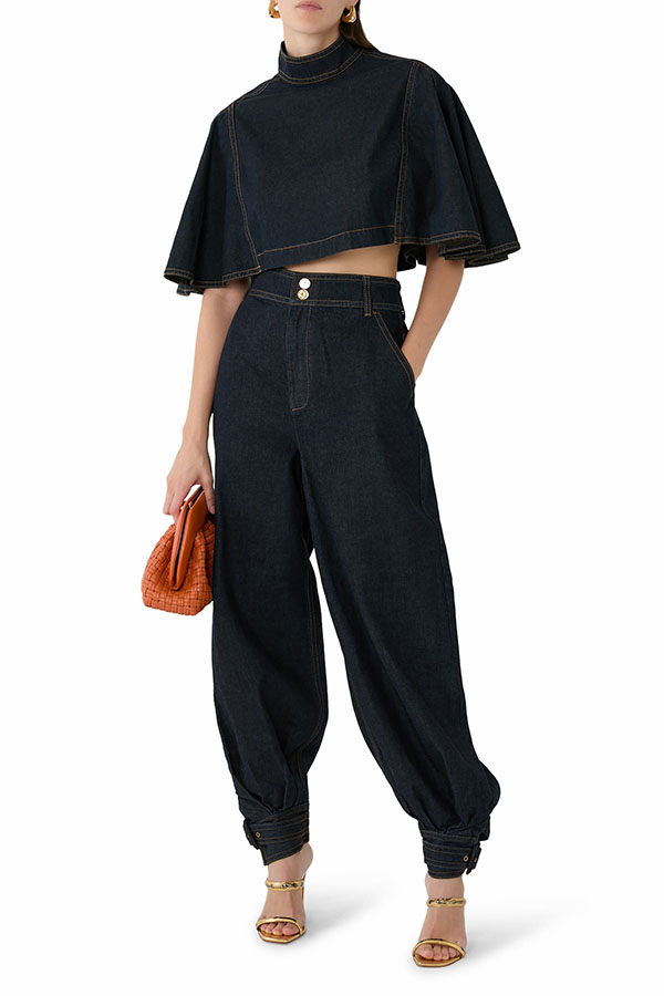 Luna Denim High Rise Pocket Adjustable Buckle Ankle Strap Harem Pants | Consonak