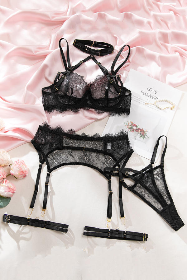 Valentine's Day See-through Lace Hollow-out Halter Neck Bra Four-Piece Set-consonak