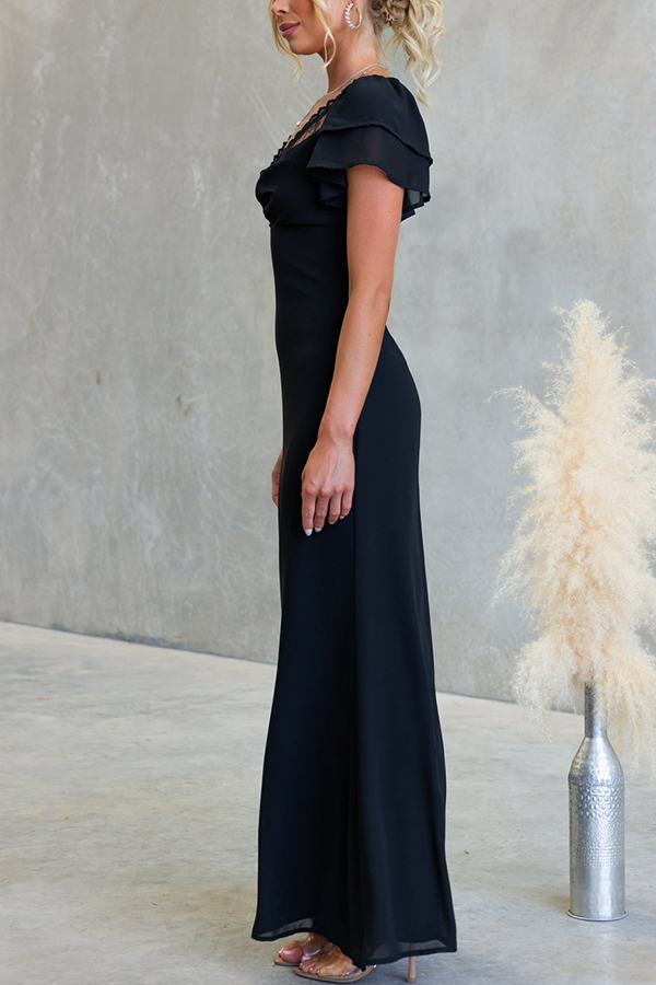Midnight Charm Lace Detail Cowl Neck Bell Tiered Short Sleeve Maxi Dress