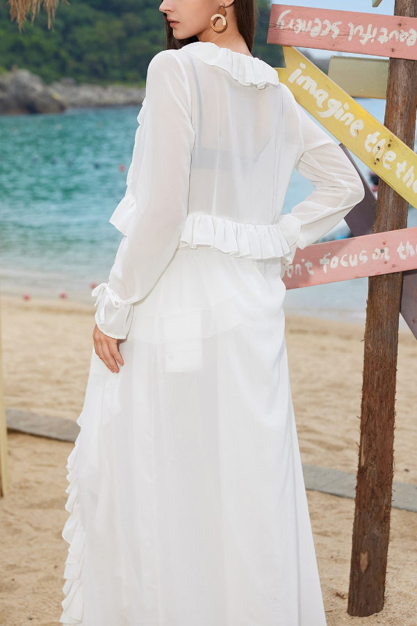 Solid Color Loose Long-sleeved Ruffled Holiday Cover-up Robe-consonak