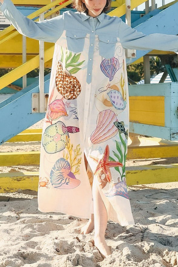 Take A Trip Marine Elements Unique Print Patchwork Pocketed Long Shirt Coat | Consonak
