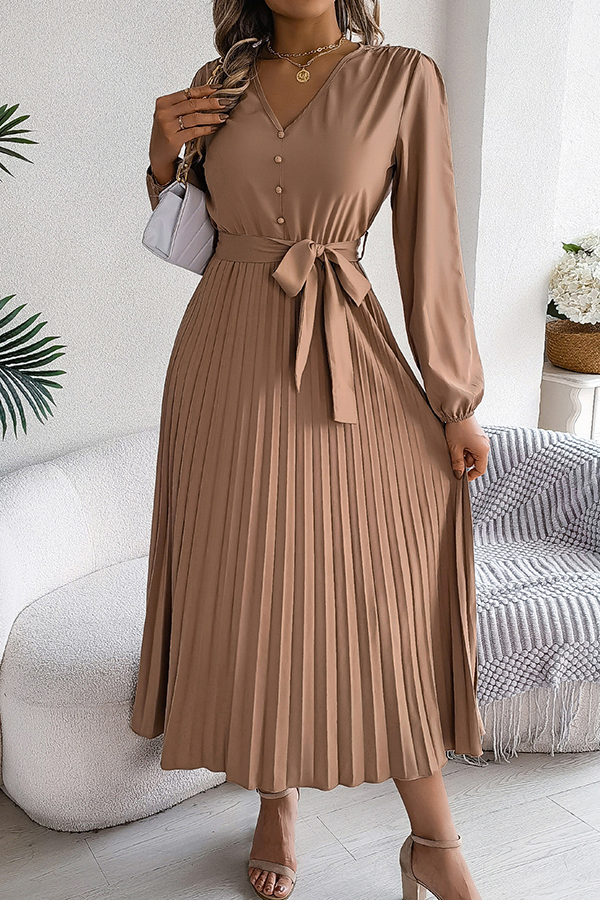 Solid Color Elegant V-neck Buttoned Lace-up Pleated Maxi Dress-consonak