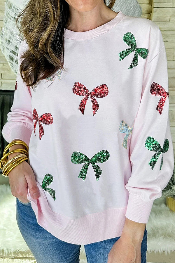 Christmas Sequined Bow Crew Neck Long-sleeved Loose Sweatshirt-consonak