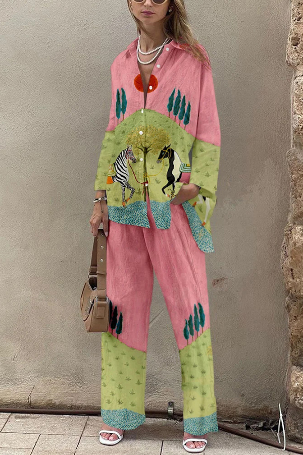 Horse Print Oversized Long Sleeved Shirt and Elastic Waist Pocket Pants Set-consonak