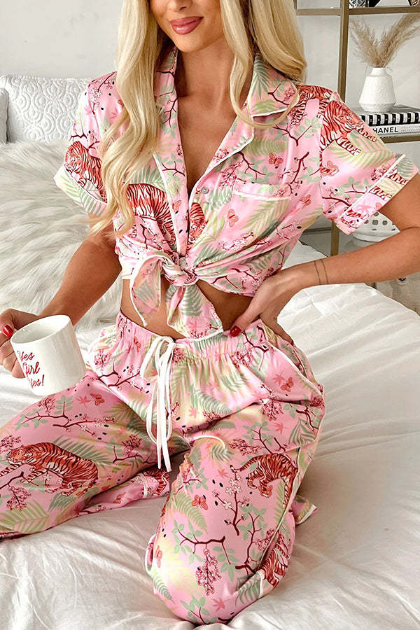 Sleeping Tiger Satin Elastic Waist Pocketed Pajama Pants Set-consonak