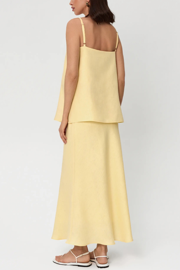 Linen Blend Loose Square Neck Camisole Top and Elegant Resort Maxi Skirt Set-consonak