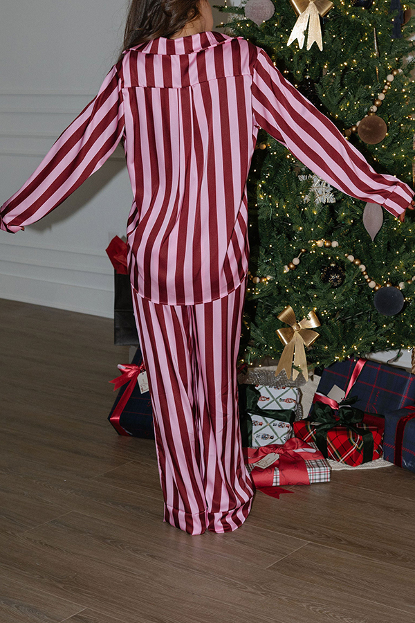 Courtney Satin Colorblock Striped Loose Shirt and Elastic Waist Pocketed Pajama Set-consonak