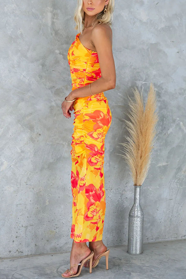 Night Blooms Mesh Overlay Printed One Shoulder Ruched Stretch Maxi Dress | Consonak