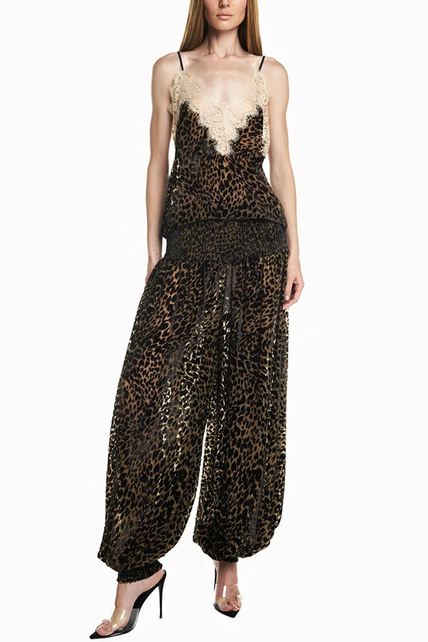 Wild Charm Leopard Print Lace Trim Spaghetti Strap Loose Tank